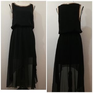 ISSI Black with Gold Tone Metal Accent Hi-Lo Lined Sheer Dress Size M